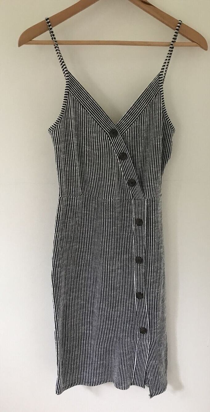Caution to the Wind Black White Striped Jersey Knit Cotton Summer Sun Dress L
